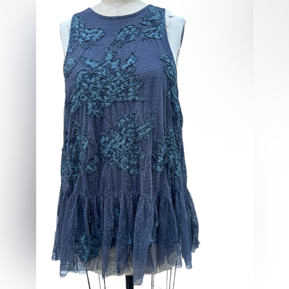 Anthropologie Blue Sleeveless Blouse with Teal Floral Accents